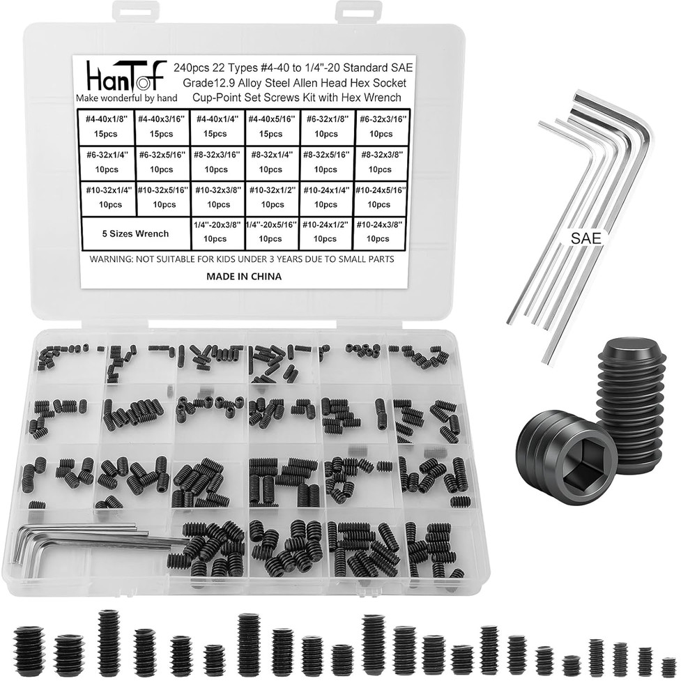 240 Pcs 22 Sizes Black Set Screw Assortment Kit, SAE Allen Head Grub Screws for
