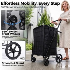 Collapsible Rolling Grocery Cart 88LB Load Capacity w/ Oxford Cloth Liner Black