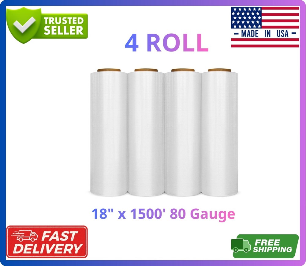 18″ x 1500′ 80 Gauge Pre-Stretched Stretch Wrap Film 4 Rolls Clear Pallet Wrap