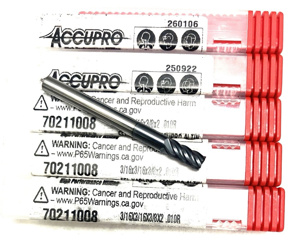 2PC Accupro 70211008 3/16″ 5FL Corner Radius End Mill .01R Solid Carbide AlTiN