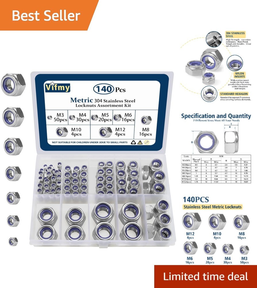 Heavy-Duty 140PCS Locknut Kit: Corrosion Resistant with Nylon Insert Technology
