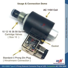 DIN 43650 AC Type-A 3 Prong Solenoid Connector Plug w/LED Light for AC 110 220v