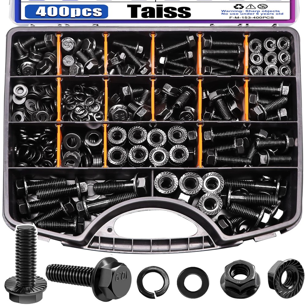 Taiss 400PCS Metric Flange Bolt Assortment kit,10.9 Grade M6x1.0, M8x1.25, M1…