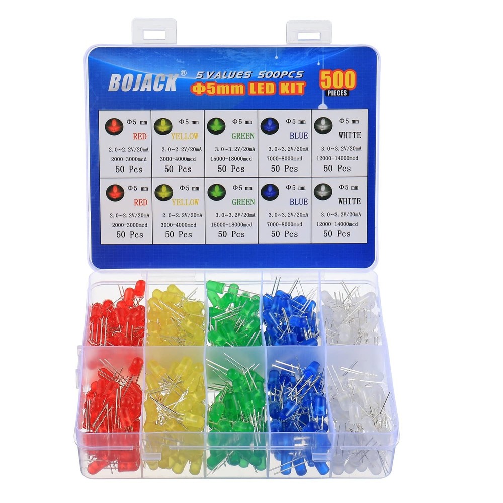 BOJACK 500pcs 5mm LED Diode Lights 5 Color Assorted Kit Bright Lamp Components