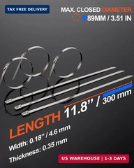 Metal Zip Ties (100PCS 11.8 Inch), 304 Stainless Steel, Heavy Duty Self-locking