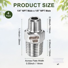 4-Pack 304 Stainless Steel 1/4″ NPT Male x 1/8″ NPT Male Hex Nipple Pipe Fitting