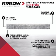 Arrow BN1810CS 18-Gauge Steel Brad Nails for Molding, 5/8 inch – Steel,