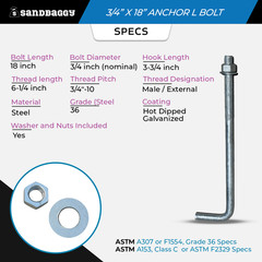Sandbaggy 3/4″ x 18″ Threaded Concrete Anchor L-Bolts – Hot Dipped Galvanized