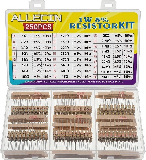 25 Values 1W Carbon Film Resistor Kit 1 Ohm to 1M Ohm Watt 5 Resistor Assortment
