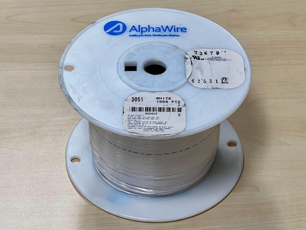AlphaWire 3051 WH001 – 1000Ft Spool 22 AWG White PVC Tinned Copper Stranded Wire