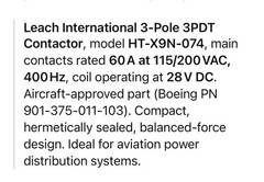 Leach HT-X9N-074 3PDT Contactor 60A 115/200VAC 400Hz 28VDC Coil Boeing