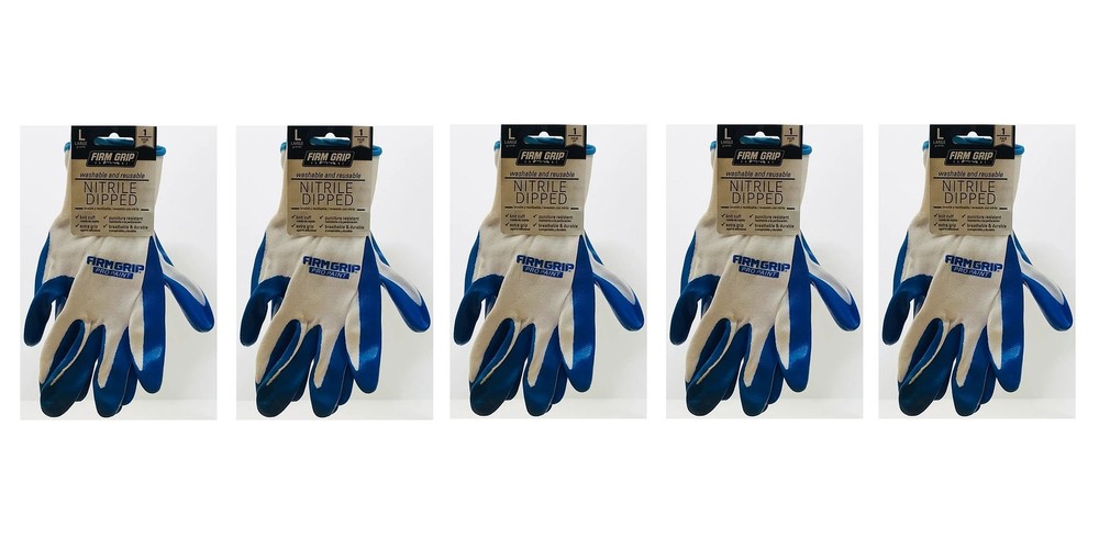 New Lot (5) x Firm Grip Pro Paint Washable Nitrile Dipped Gloves (Large) Pairs