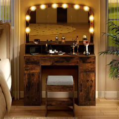 2-Piece Rustic Brown Makeup Vanity Set with Large Mirror 3-Color Lights for Bedr