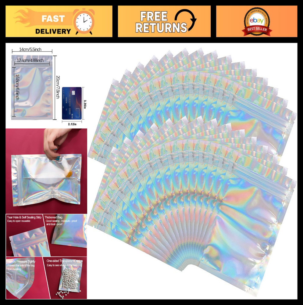 100 Mylar Holographic Resealable Bags 5.5×7.8″ Smell Proof Foil Pouches for Food