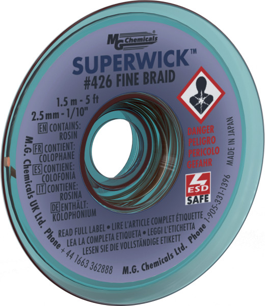 MG Chemicals 426 (#4) 5 Foot Length of 0.100″ (2.5mm) Width Fine Braid Solder Wi