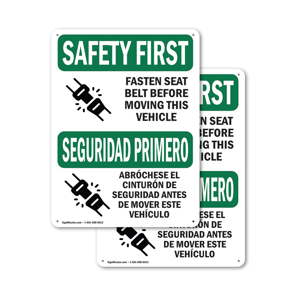 (2 Pack) Fasten Belt Moving Vehicle Bilingual OSHA Safety First Sign Decal Metal