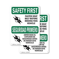 (2 Pack) Fasten Belt Moving Vehicle Bilingual OSHA Safety First Sign Decal Metal