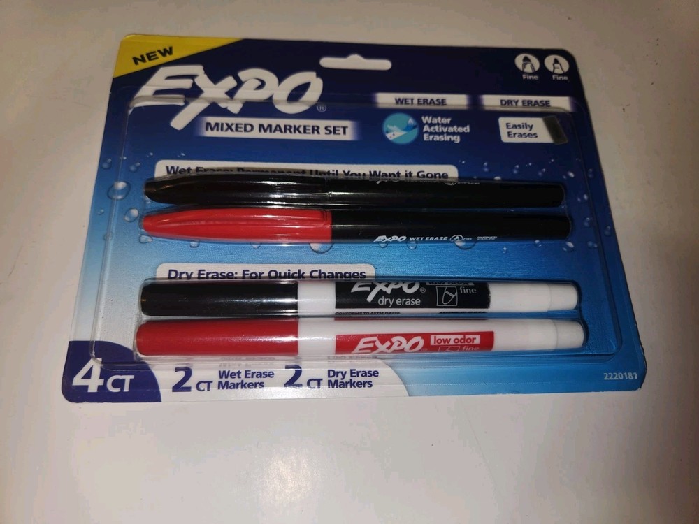 Expo 4 Count Fine Point Marker Set 2 Dry Erase 2 Wet Erase Black Red New
