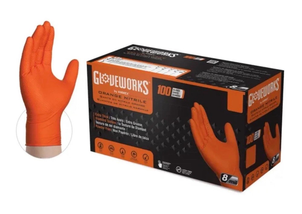 *10 pack* Lg Heavy Duty Orange Nitrile Gloves with Raised Diamond Texture, 8-mil