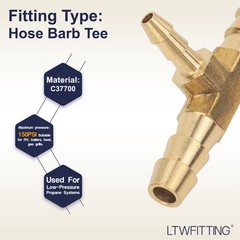 Brass Barb Tee Fitting 1/4Inch x 1/4Inch x 1/8Inch ID Hose Water 5 PCS
