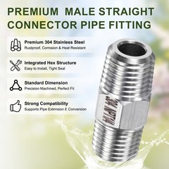 4-Pack 304 Stainless Steel 1/4″ NPT Male x 1/4″ NPT Male Hex Nipple Pipe Fitting