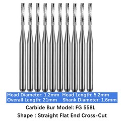 10/pk Vakker Dental Long Shank Carbide Burs FG 558L Straight Flat End Cross-Cut