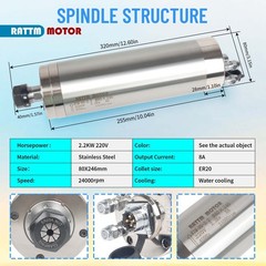 US SHIP】2.2KW 220V Water Cooled CNC Spindle Motor 246MM+VFD Driver Inverter