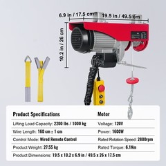Electric Hoist 2200lbs Crane Winch with Wired Remote Control 1600W 110V