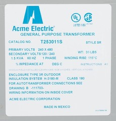 ACME ELECTRIC T253011S Transformer: 240V AC/480V AC, 120V AC/