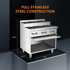 WILPREP 36″ 6-Burner Step-Up Gas Range with Storage Base 26000BTU Burners NG/LPG