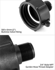 IBC Tote Tank Drain Adapter, 2″ Coarse Thread x 3/4″ Male NPT Hose, 60mm Buttres