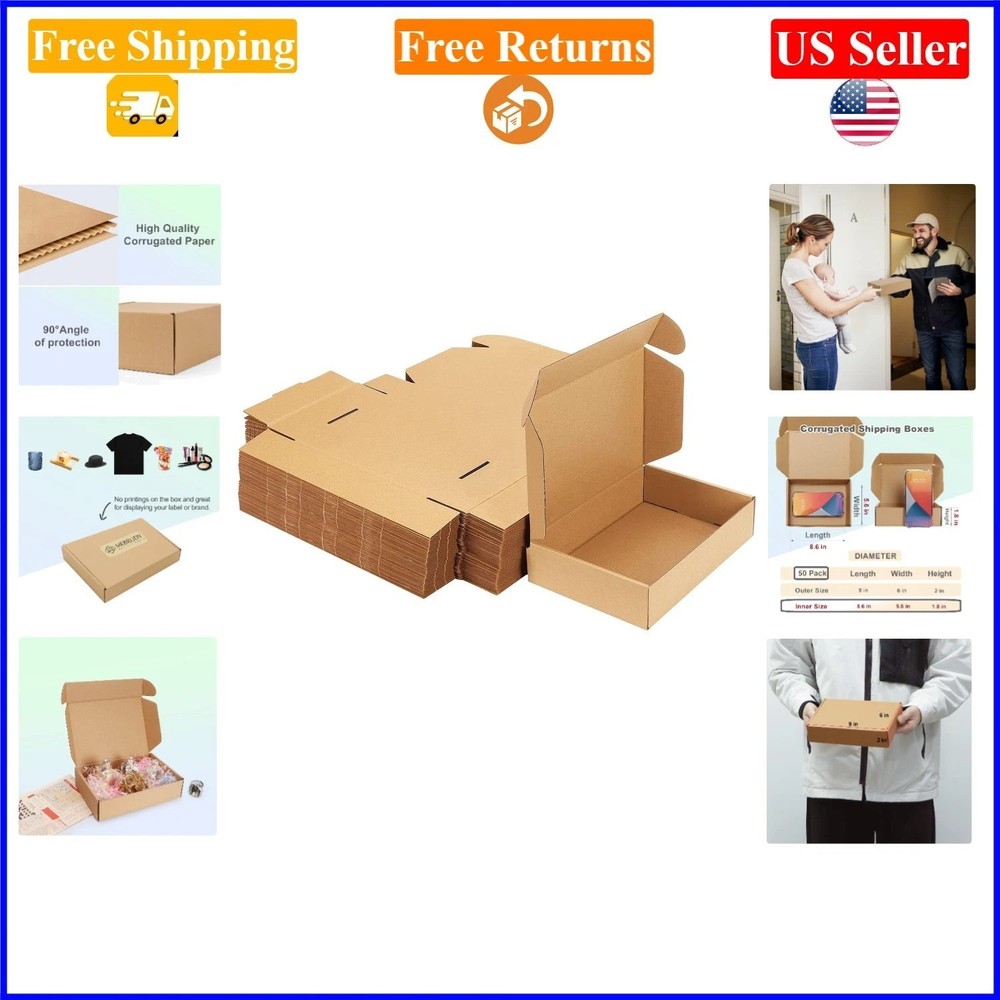 50 Pack Brown Corrugated Shipping Boxes 9x6x2 Inches