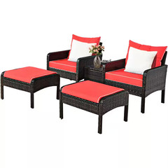 Brown 5-Piece Rattan Wicker Patio Conversation Ottoman Sofa Coffee Table Set wit