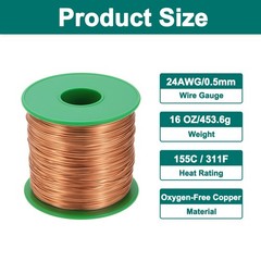 24 AWG Magnet Wire, 24 Gauge 16 oz Enameled Copper Wire, 155C(311F) Copper Color