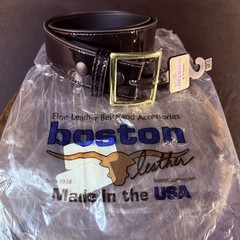 Boston Leather Belt Size 30″ High Gloss Black Garrison Gold Buckle Made in USA