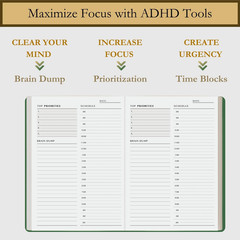 Time Blocking and ADHD Planner by Refine Days. 180 Undated Pages, to Do List, Ho