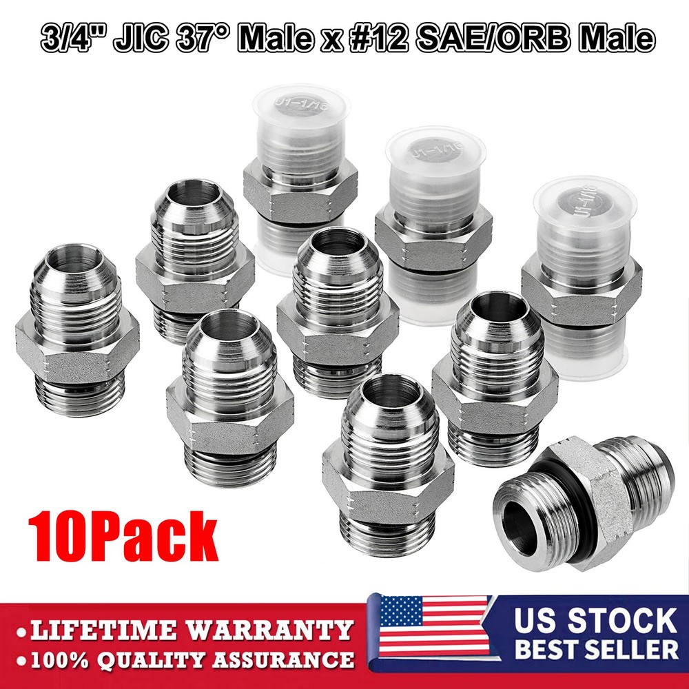 10 Pack Hydraulic Hose Adapter Fittings: 3/4″ JIC 37° Male x #12 SAE/ORB Male
