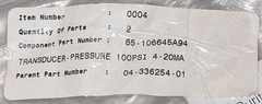 NEW ASM PN: 65-106645A94 Pressure Transducer, Setra 2551100PCC411B1/255G100PCC41