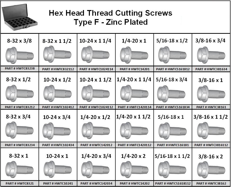 Hex Head Thread Cutting Screw Type F Assortment in Large Metal Tray