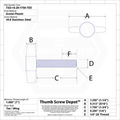 1/4″-20 x 1-3/4″ Thumb Screw Stainless Steel – White Tee / Wing Knob – USA