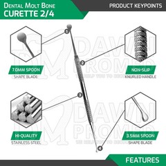 6 Pcs Molt Bone Curette 2/4 Periosteal Elevator 7″ Surgical Implant Dental Set