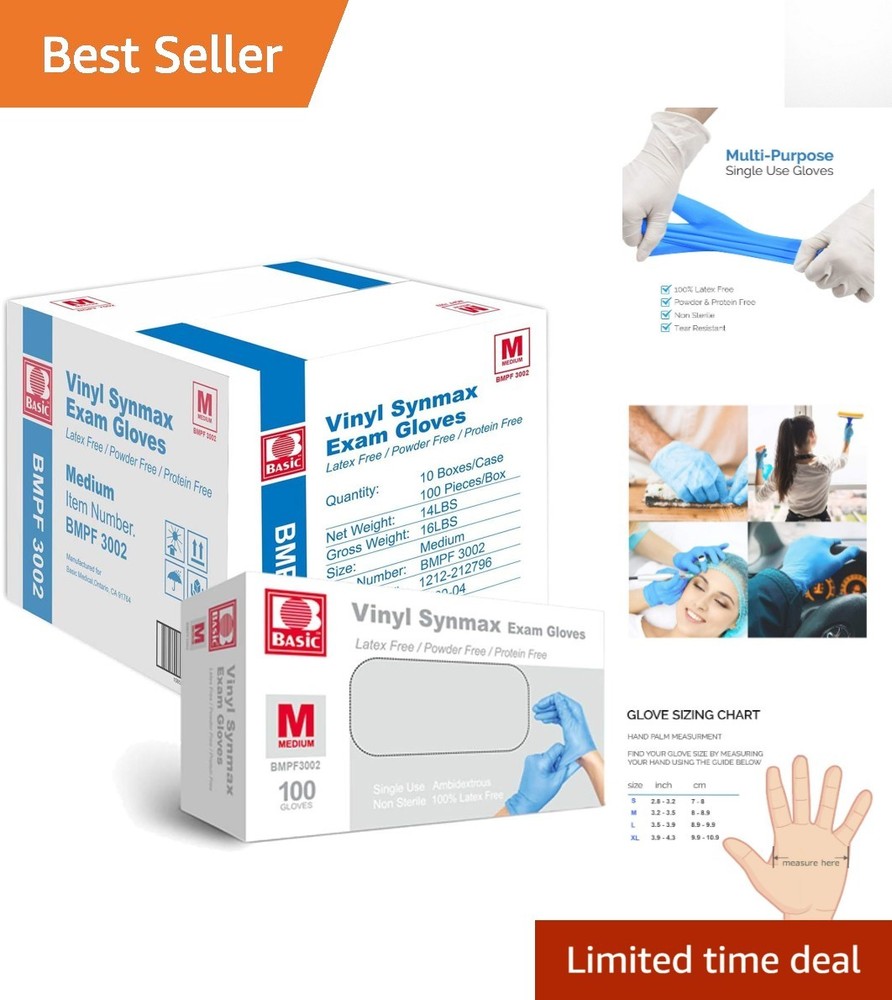 Bulk Synmax Vinyl Exam Gloves: 1000 Count, 4 Mil, Blue, Latex-Free & Powder-Free