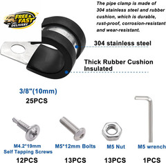 50PCS 3/8 Inch Cable Clamps 304 Stainless Steel Rubber Cushion Insulated Wire Cl
