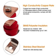 Copper Grounding Bar Kit Bus Bar 10 Terminal 600A Fits 7.8 7.88×2 Inch