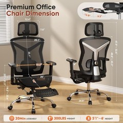 Office Chair with Footrest, Desk Chair Comfy with 3D Adjustable Lumbar Support