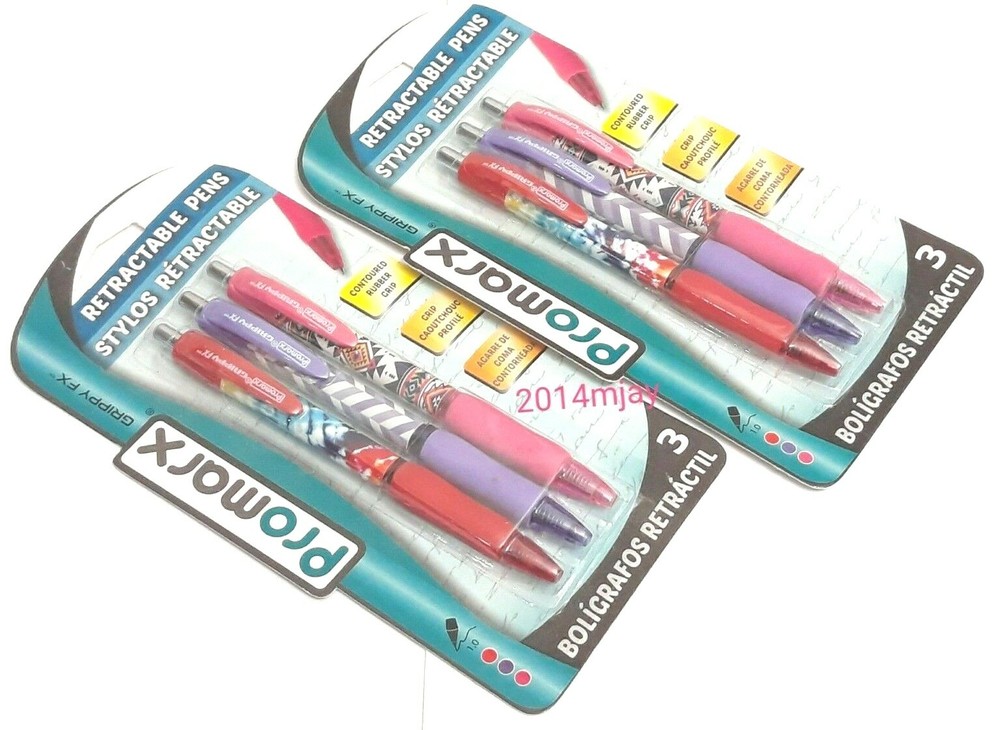 2 PACKS 6 PENS Promarx® GRIPPY FX™ RUBBER GRIP RETRACTABLE BALL POINT ASST INK