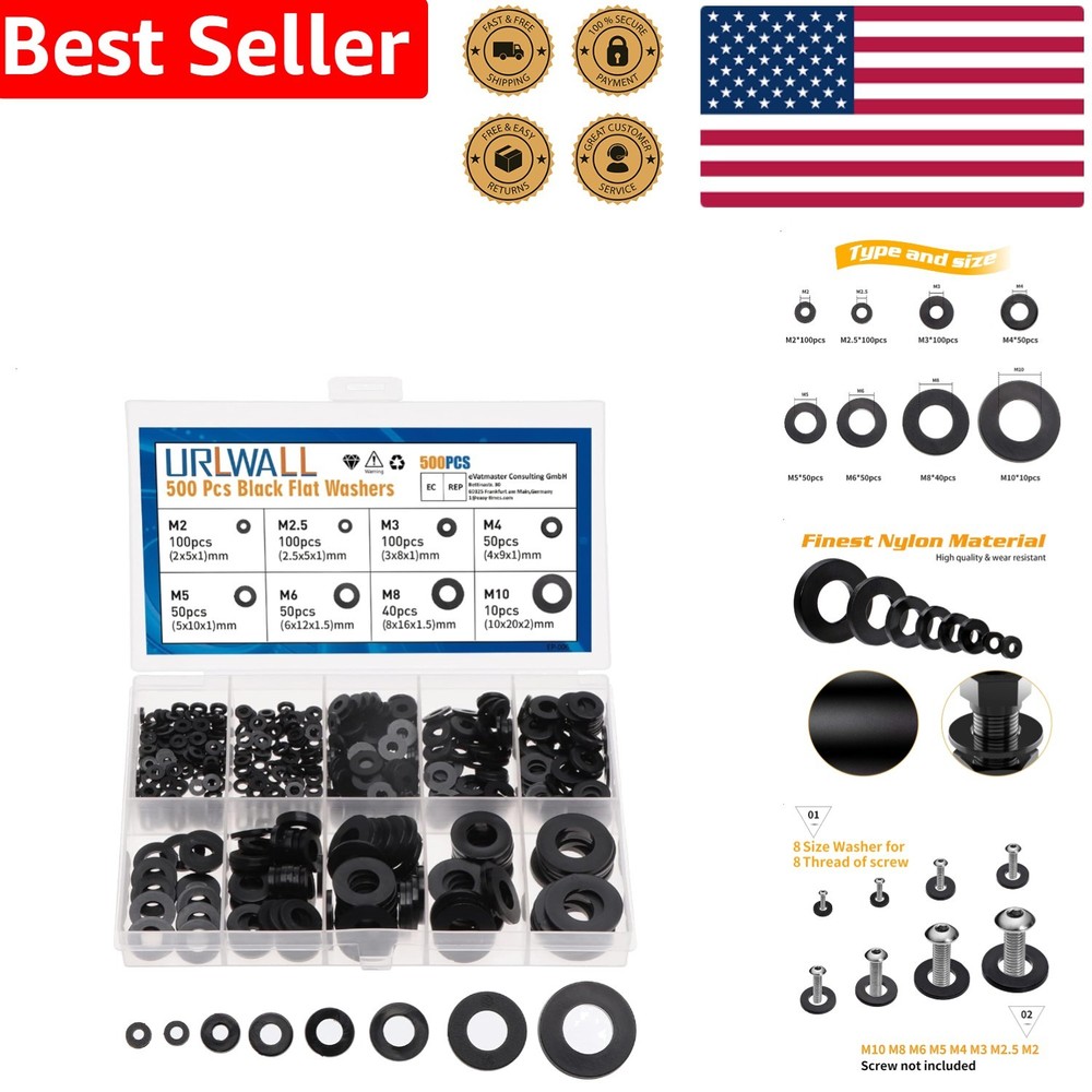Durable Black Nylon Flat Washer Set, 500 Pieces, 8 Metric Sizes M2 M2.5 M3 M4 M5