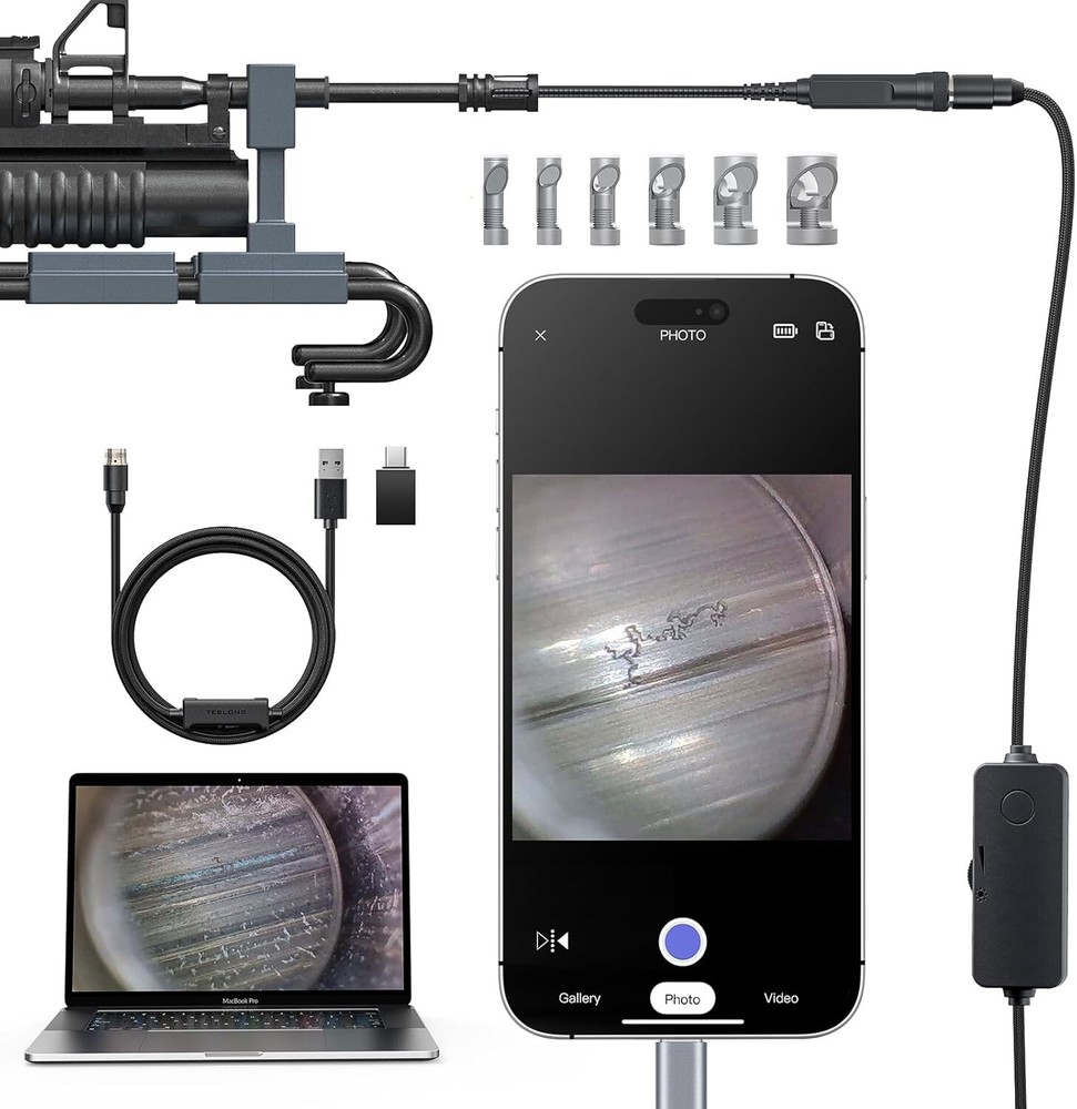 Teslong USB C 45inch Flexible Rifle Borescope Gun Cleaning Camera Fits .20 Calib
