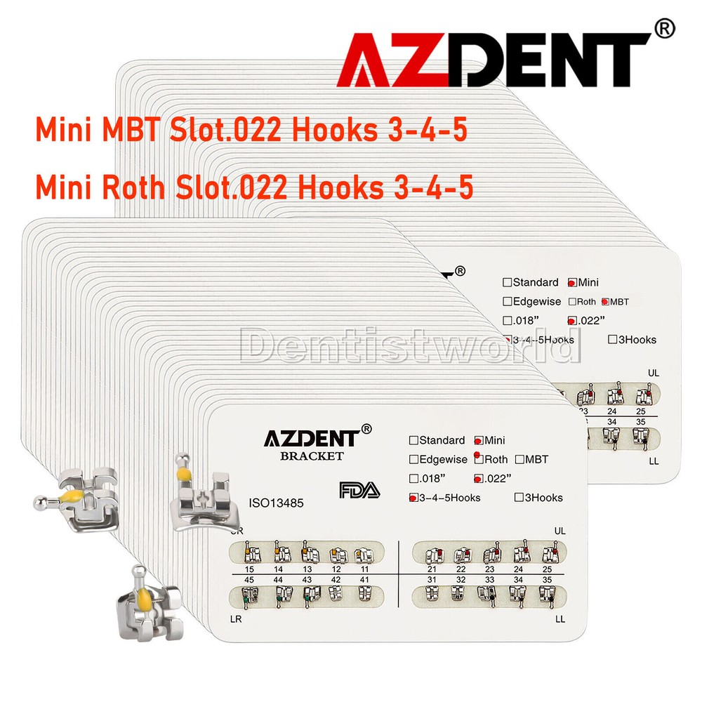 AZDENT Dental Orthodontic Brackets Mini Roth/MBT 022 345 Hooks Metal 20Pc/Pack