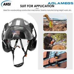 Carbon Fiber Safety Helmet W/ Double Goggles Earmuffs ABS Construction Hard Hat